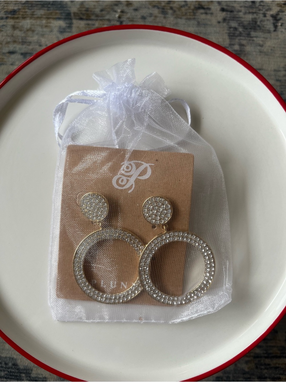 Gold Crystal Open Circle Drop Earrings - White Crystal